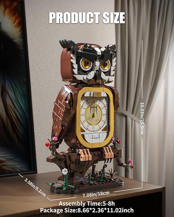Owl Clock Building Blocks Set STEM Building Toys with Functional Clock Collectible Bird Display Model for Home Decor Christmas Birthday Gift for Adults & Boys 8-14 (964Pcs)