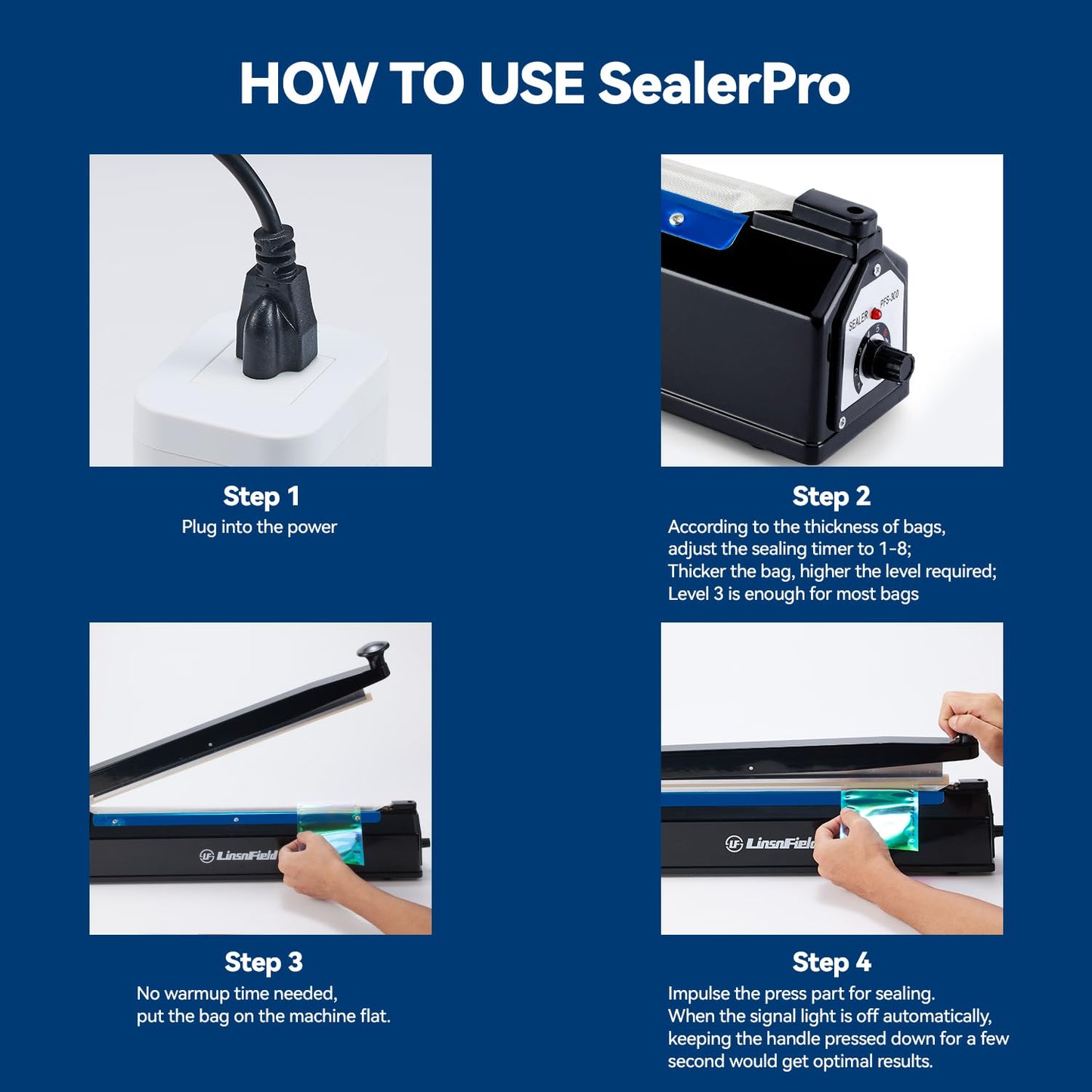 LinsnField Sealer Pro - 16 inch Impulse Heat Sealer - 5mm Sealing Width - Manual Heat Sealer Machine for All Bags - Most Heavy Duty for Strong, Secure Sealing for Long Term Food Storage, Deep Blue
