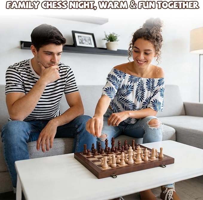 15 Inch Magnetic Wooden Chess Set with Storage Folding Chess Board Game with Strong Magnets Tournament Size 3 Inch King 2 Extra Queens Portable Travel Chess Set for Adults & Kids