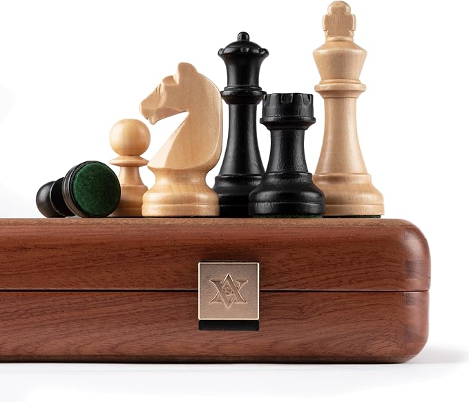A&A Premium Folding Chess Board Game Set 15 Wooden Chess Board & 3 King Height Staunton Chess Pieces with 2 Extra Queens Portable Travel Chess Set (Natural Mahogany 15 Inches)