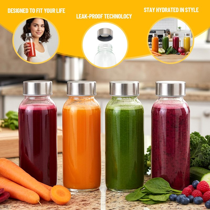 Luxfuel Glass Juice Bottles with Lids 10oz, 8 Pack Reusable Glass Water Bottle with Stainless Steel Caps & Straws, Leak Proof, BPA-Free – Small Juice Bottles for Juicing, Smoothies & Fridge Storage