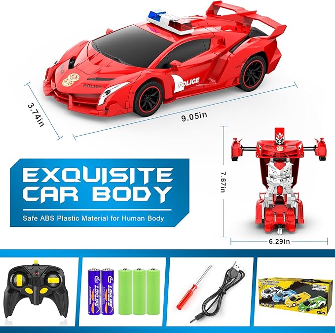 FDJ Transform Remote Control Car Robot One Button Deformation to Robot with Flashing Light 2.4Ghz 1:18 Scale Transforming Police Car Kids Toys with 360 Degree Rotating Drifting Toys for Boys Girls