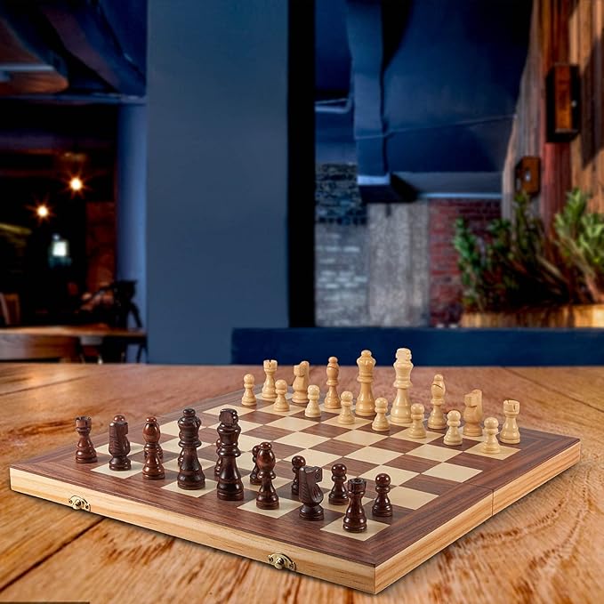 AMEROUS 15'' Wooden Chess & Checkers Set 2 in 1 Board Games -2 Extra Queens -24 Cherkers Pieces - Gift Box Packed - Chessmen Storage Slots Beginner Chess Set for Kids and Adults