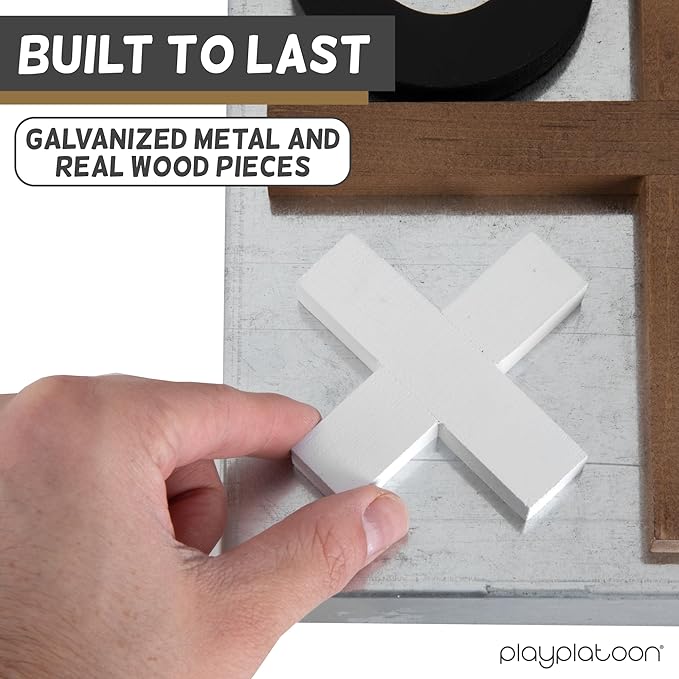 Play Platoon Metal & Wood Magnetic Tic Tac Toe Wall Mounted Games - 13.5 Inch Table Top Playroom Decor or Wall Mounted Room Decor - Rustic Board Game Room Accessories