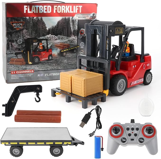 RC Forklift with Trailer Kids Forklift Construction Toys Set with Lift Fork & Hook & Flatbed 11 Channel Kids Forklift Toy with Light & Sound & Spray Gift for Kids 6+ (Red)