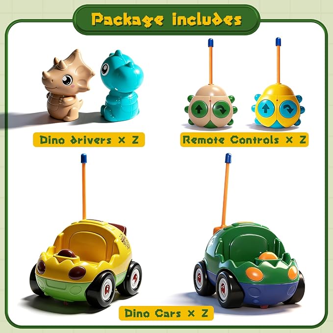 TOPLIVING 2-Pack Remote Control Dinosaur Car Toys for Toddler Ages 18+ Months 2 3 4 5 Year Old Dino RC Vehicle with LED Lights Music Christmas Birthday Gift for Boys & Girls