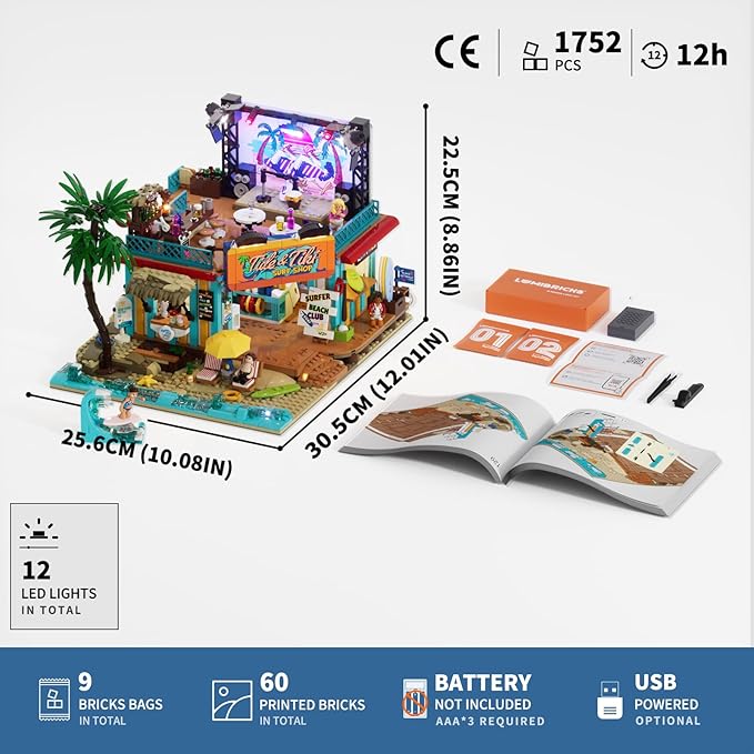 Surf Shop Lighting Building Bricks Set - Coast Club Modular Collection Display Kit with LED and Minifigures 1752 Pcs for Adults & Teens & Marine Enthusiasts