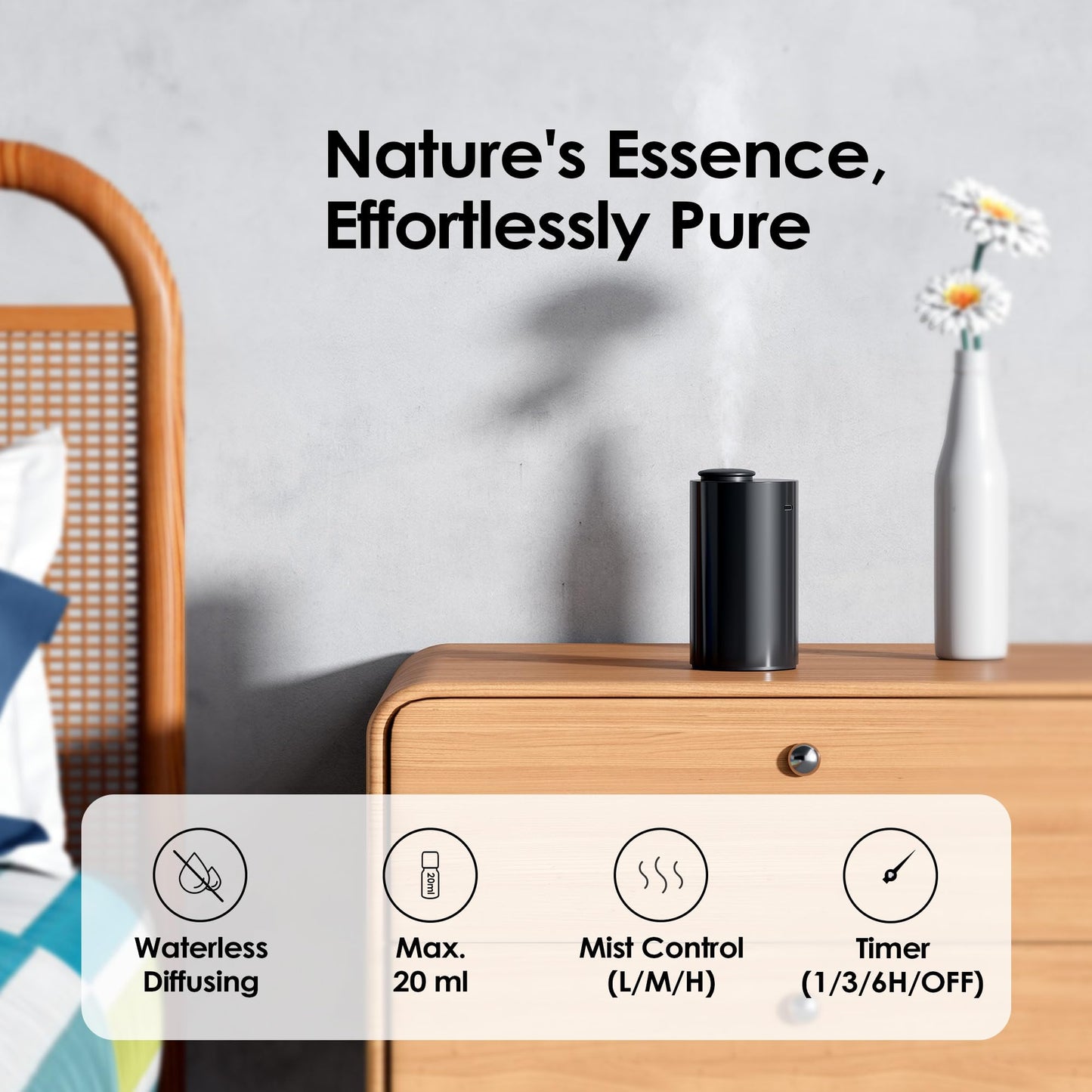 Airversa Waterless Diffuser for Essential Oil, Battery Operated Nebulizer, 0.7 Fl.Oz./ 20mL Capacity, Mini Scent Air Machine, 3 Countdown Timers & 3 Mist Levels for Home, Room, Car, Office - AN6 Black