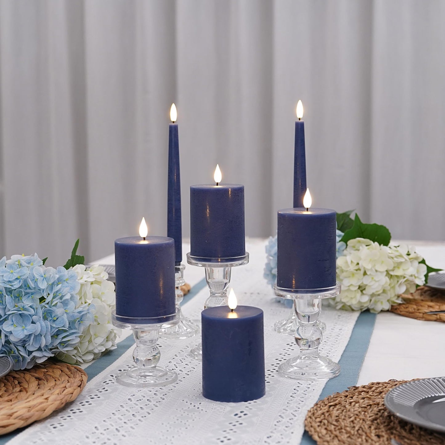 Fanna Flameless Pillar Candles with Timer in Real Wax for Advent and Christmas, Battery Operated Led Candles with Remote, 8 Batteries Included - Set of 4 (D 3" x H 4") - Dark Blue