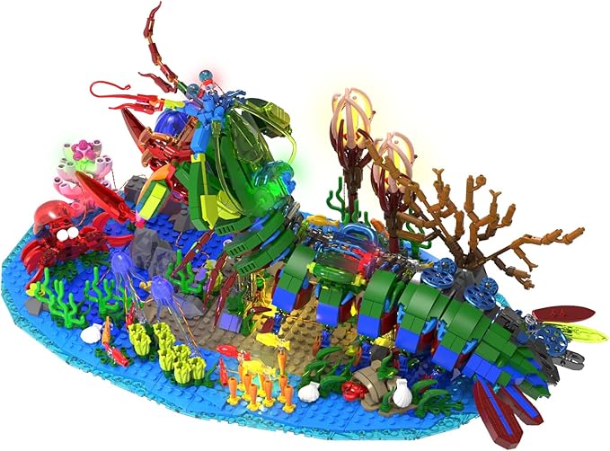 Mechanical Mantis Shrimp Building Block Sets 1843 Pcs Sea Creatures Building Toys with Miniature Undersea Landscape & Led Light 18.11x9.45x9.84in DIY Model Kit for Adults Teens 14+