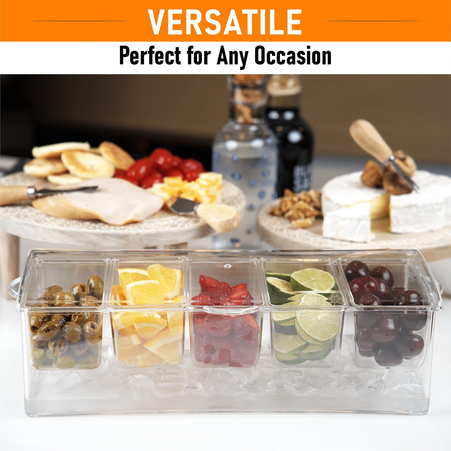 Ice Chilled Condiment Containers with Hinged Lid - Chilled Condiment Server with Lid, Clear Serving Tray Includes 5 Detachable Compartments, 3 Tongs, 3 Spoon and 1 Grey Pad