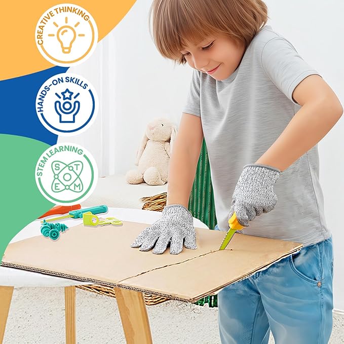 Cardboard Tools for Kids 98 Pcs Resuable Cardboard Construction Tools with Cutter for Family & Classrom Activities STEM Educational Construction Building Kit Toys for Boys & Girls Ages 5+ (9