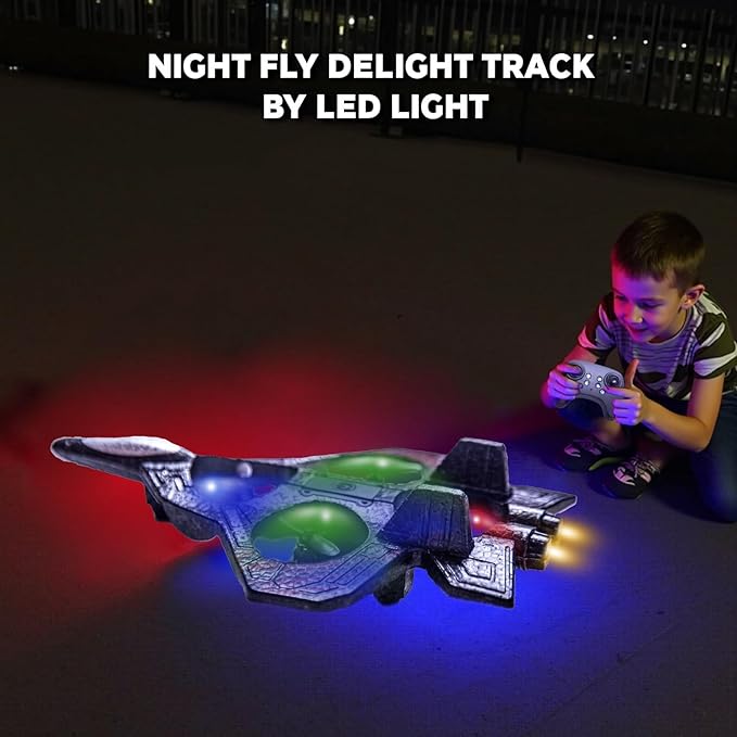 Foam RC AirplaneRemote Control Planes with LED Lights Fighter Jet for Night Flights Outdoor 360° Flip & Spin Stunt Drone Toy for Beginner Adults