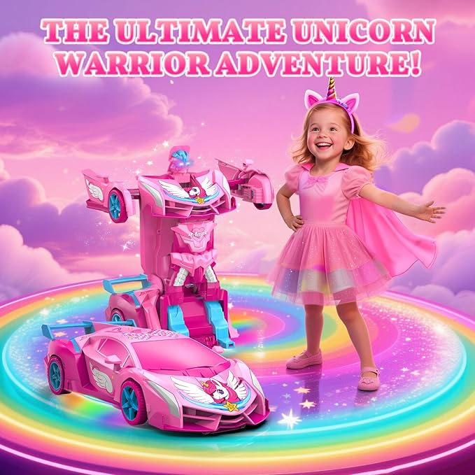 Unicorn Transform RC Cars for Girls Toys with Rainbow Eyes & Underbody Lights Fast 360°Rotation & 2.4GHz Robot Remote Control Car One-Button DeformationEaster Basket Stuffers for 3-12 Year O