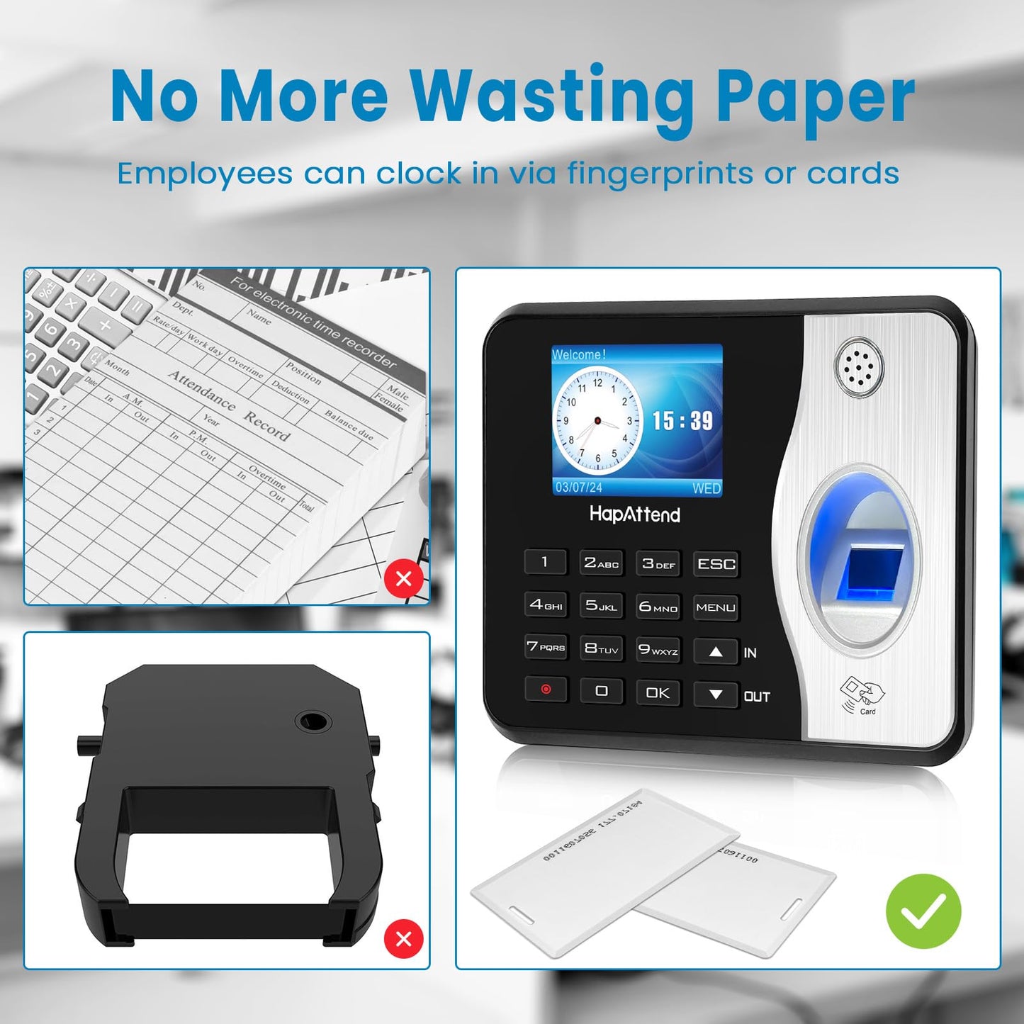 HapAttend Time Clocks Bundle with 15 RFID Cards, 0 Monthly Fees Standalone Biometric Time Attendance Punch Machine with Fingerprint, RFID and PIN - H3