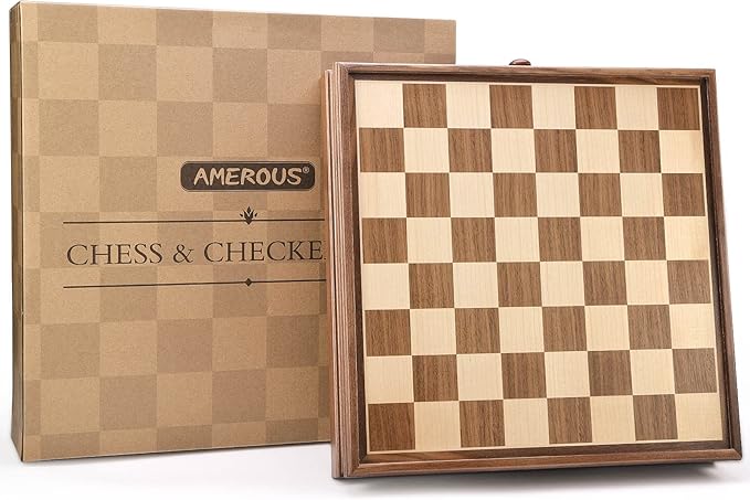 AMEROUS 15 x 15 Wooden Chess & Checkers Set with Built-in Storage Drawers/Weighted Chess Pieces / 2 Bonus Extra Queens / 24 Cherkers Pieces/Classic 2in1 Board Games for Kids Adults