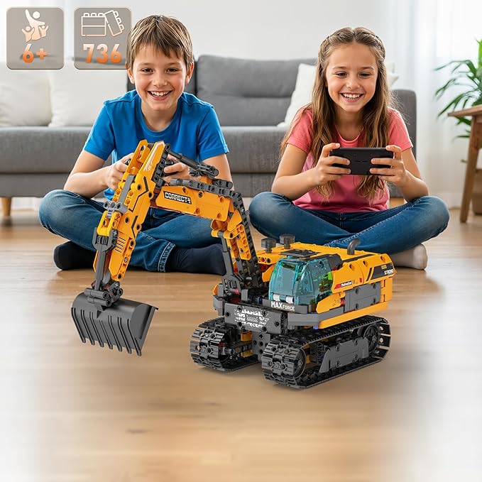 5in1 STEM Robot Building Kits for Kids 6-14 Remote & APP Controlled STEM Excavator/Bulldozer/Crane/Robot Building Toys 736 Pcs Educational Building Sets for Kids Erector Sets Gifts for Boys Gir