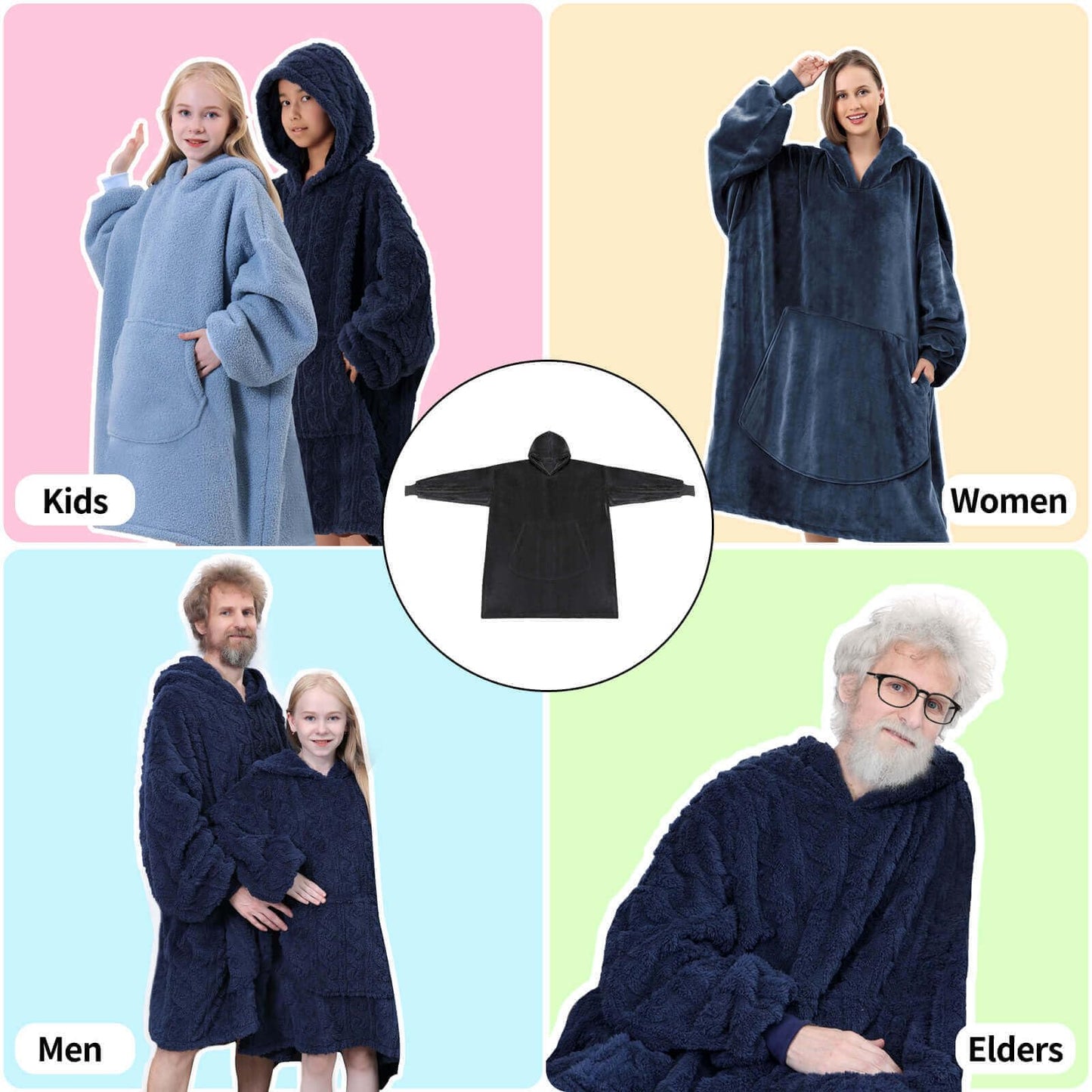 FestiCorp Oversized Blanket Hoodie for Adults - Extra Long Wearable Sweatshirt with Giant Sleeve, Hood and Pocket Black