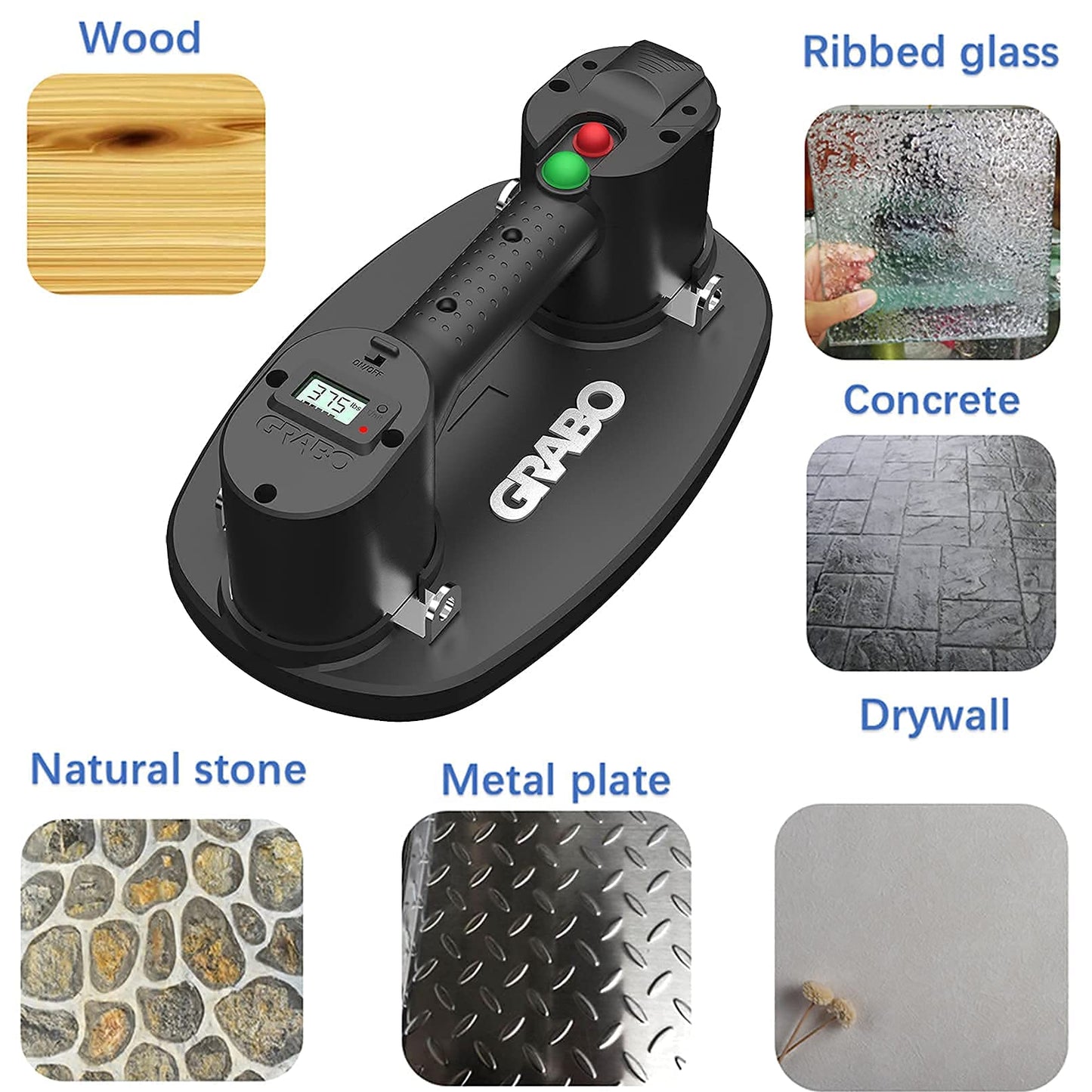 GRABO Pro Electric Vacuum Suction Cup Lifter With Automatic Turn On/Off Pump Function Digital Display Electronic Pressure Gauge for Wood Drywall Granite Glass Tile Heavy Lifting Tool