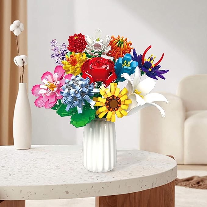 Flowers Bouquet Building Set 12 Artificial Flowers 1064 PCS Bricks Blocks Toy for Adults & Kids Botanical Collection Gift for Mother's Day Valentine Birthday Christmas (No Vase)