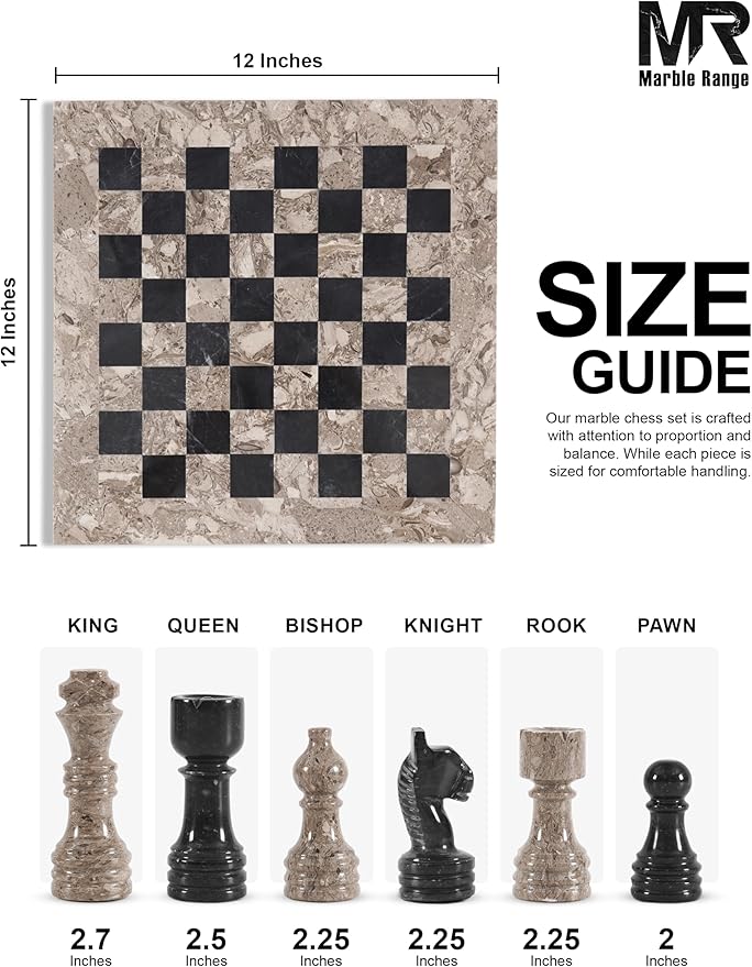Marble Chess Set for Adults 12 Handmade Oceanic & Black Board Game with 32 Chess Pieces 2 Extra Queens & Storage Box Luxury Travel Game Elegant for Home Decor