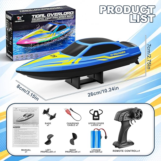 RC Boat with 7-Mode Colorful LED Lights10 Inch Remote Control Boat15KM/H High Speed2.4GHz3 Speed Modes2 Rechargeable BatteriesAuto Flip RecoveryPool & Lake Racing Gifts for Kids & Adult
