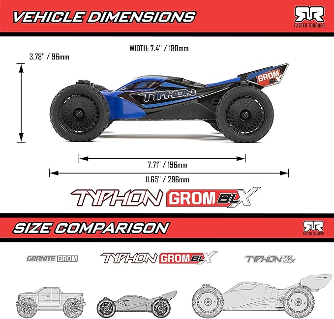ARRMA RC Car Typhon GROM 4X4 223S BLX BRUSHLESS Small Scale Buggy RTR with DSC Battery & Charger Included Blue ARA2306ST2