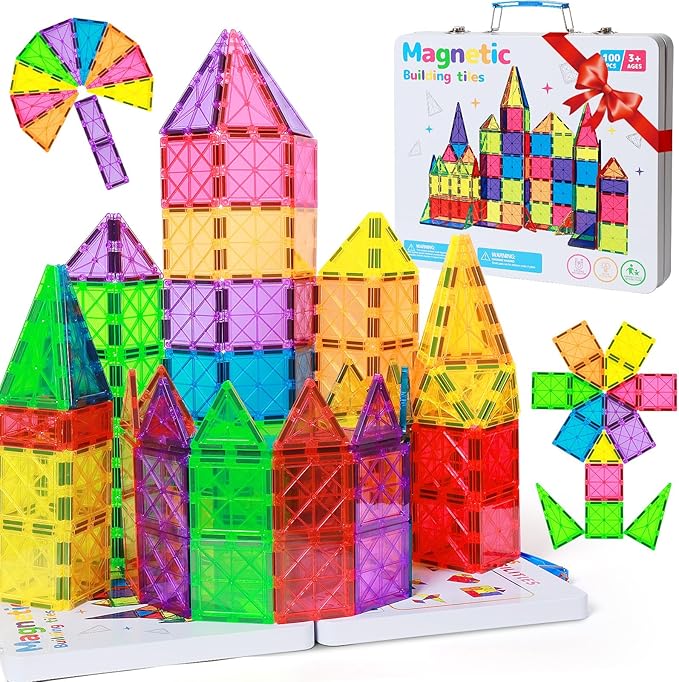 100Pcs Premium Magnetic Tiles Toys Set with Sturdy Iron Case STEM Educational Building Blocks for Kids Ages 3-5 4-8 Montessori Sensory Toys Creative Birthday Gifts for Toddler Boys & Girls