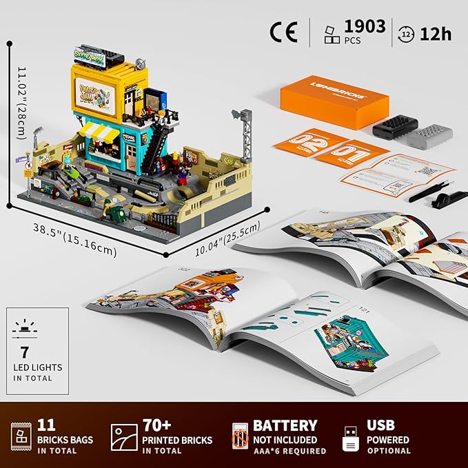 Skate Park Lighting Building Blocks Set - Street Fusion City Town Modular Playset Collection Display kit with Minifigures 1903 Pcs for Adults & Teens & Life Enthusiasts
