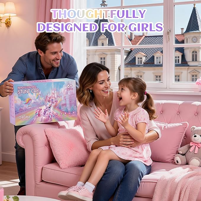 Unicorn Remote Control Car for Girls Age 6-8-12 Pink RC Gesture Sensing Stunt Cars 2.4Ghz 4WD RC Cars Hand Controlled Remote Control Twist Car with Light & Music Gift for Kids Age 6 7 8 9 10 11