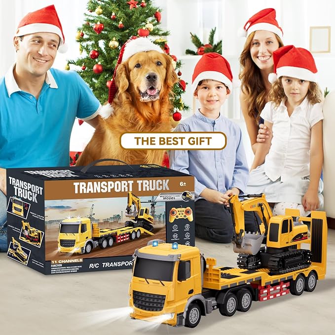 RC Semi-Trailer Truck with Excavator Toy Set - 1:12 Scale Remote Control Flatbed Truck and Excavator Toy for Kids 22.5 Inch with Lights & Music RC Construction Vehicle Toys for Boys 6-12 Years O