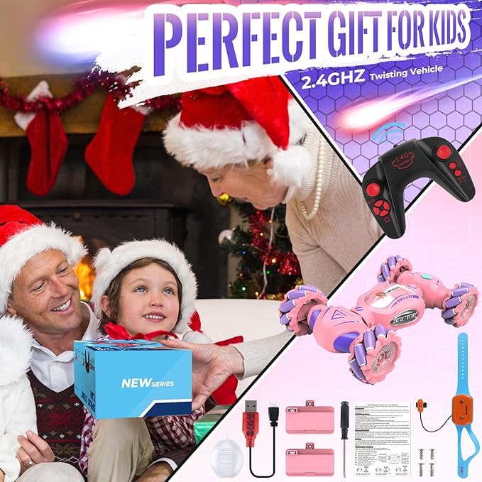 Pink Remote Control Car Toys Gifts for Girls 6-12 with Light & Music & Spray 2.4Ghz 4WD Double-Sided 360° Rotating Gesture Sensing RC Stunt Car Birthday for Girls Kids