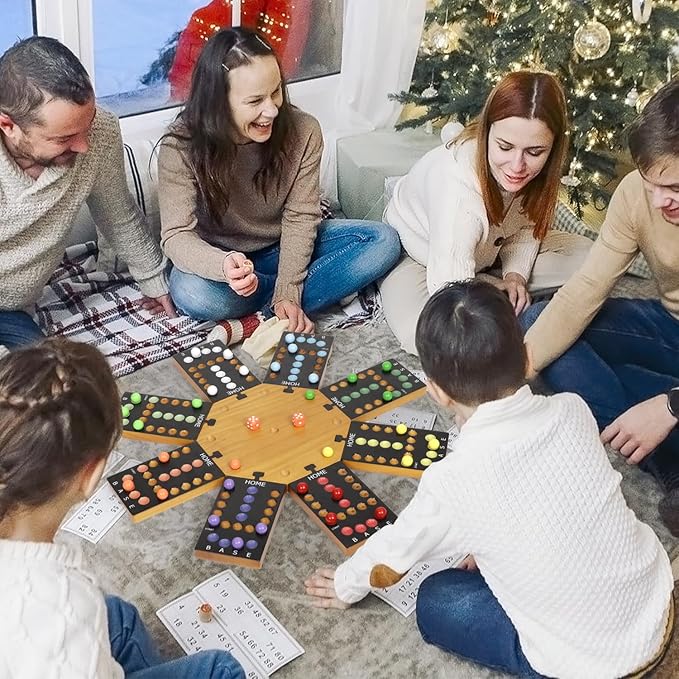 Marble Board GameWooden Board Game for 6-8 PlayersPortable Design Marble Game with 32 Marbles 16 Dice Family Game Night Gift for Kids & Adults
