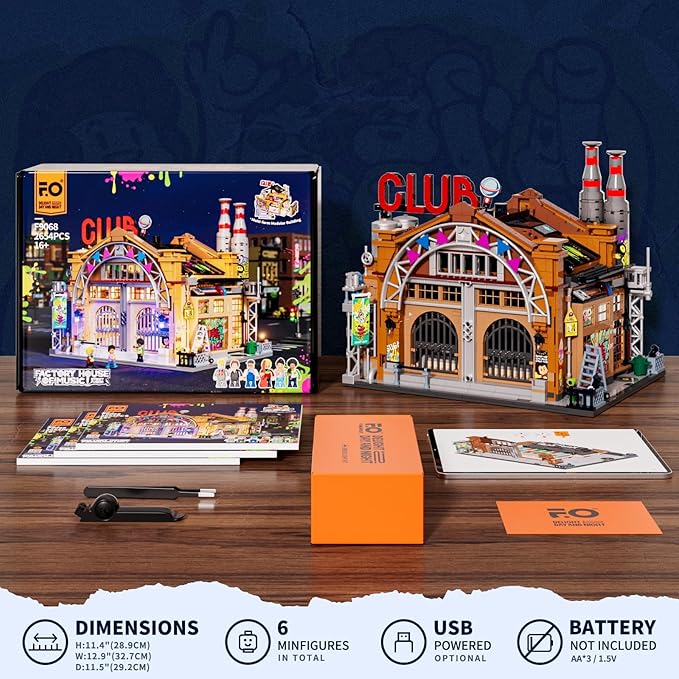 FUNWHOLE Factory House of Music Lighting Building Bricks Set - Street Fusion Music Club City Town Fully Accessible Multi-Form Modular Collection Kit 2654 Pcs for Adults & Teens & Street Cultur