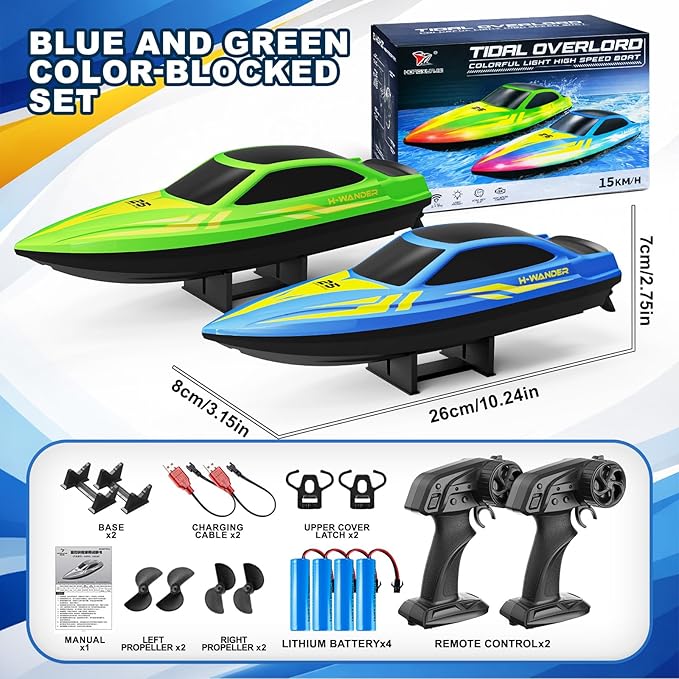 RC Boat 2 Pack Remote Control Boats with 7-Mode Colorful LED Lights 10 Inch RC Boats 15KM/H High Speed 2.4GHz Remote 3 Speed Modes 4 Batteries for Kids & Adults Pool & Lake Racing