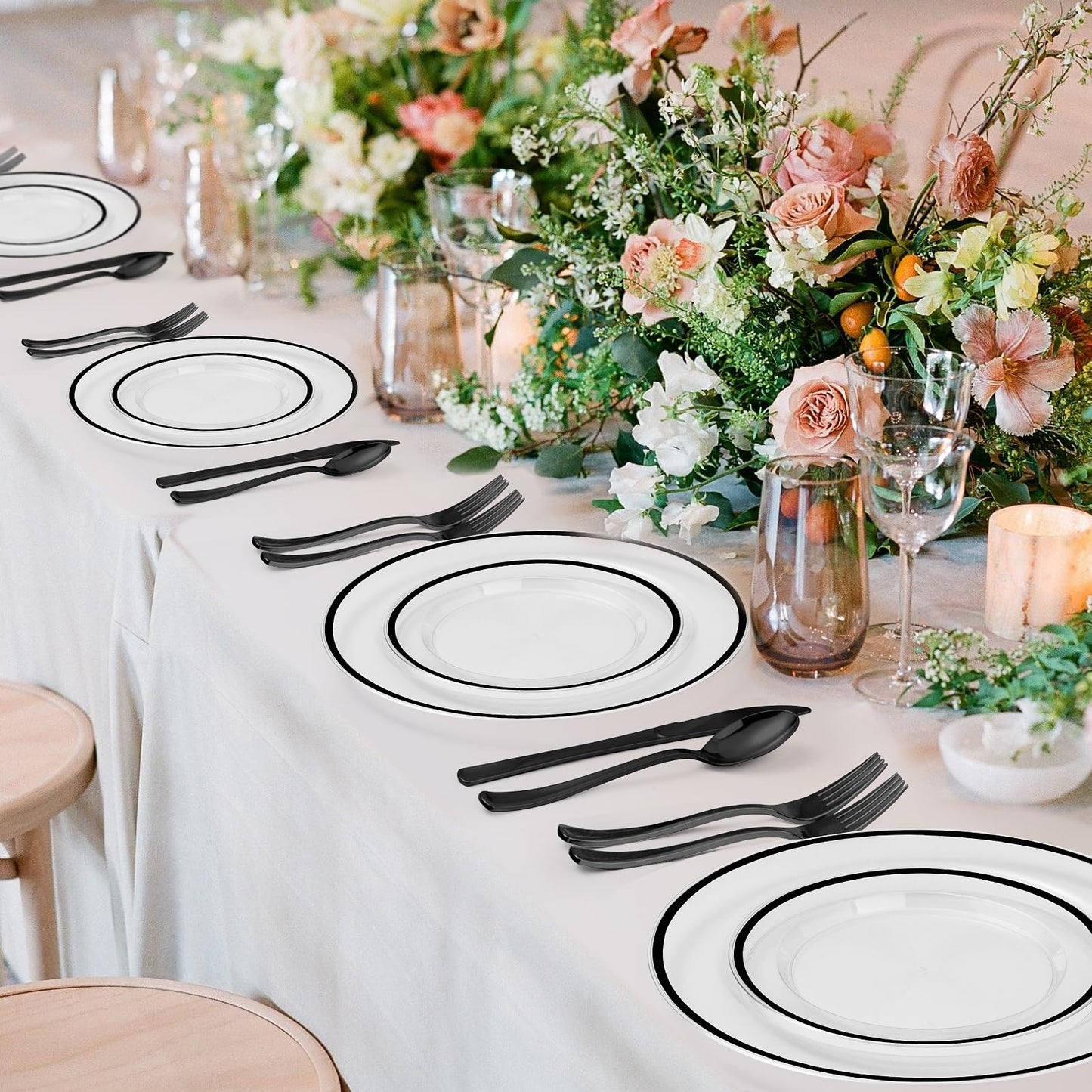 Beststar 350PCS Black and Clear Plastic Dinnerware Sets for 50 Guests, Include 100 Black Disposable Plates, 100 Forks, 50 Knives, 50 Spoons, 50 Cups,Halloween