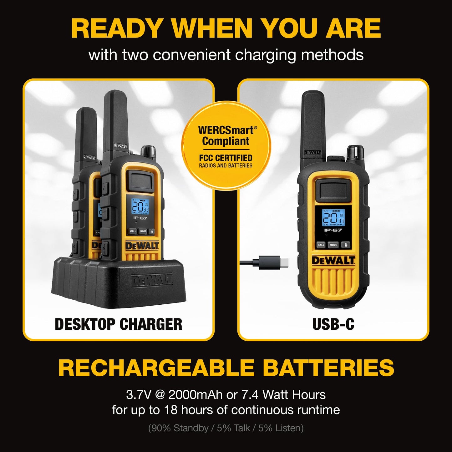 DEWALT DXFRS800 FRS Walkie Talkies, Long Range 2 Way Radio, 2W, IP67 Waterproof, 6 Pack with Gang Charger, DXFRS800-BCH6