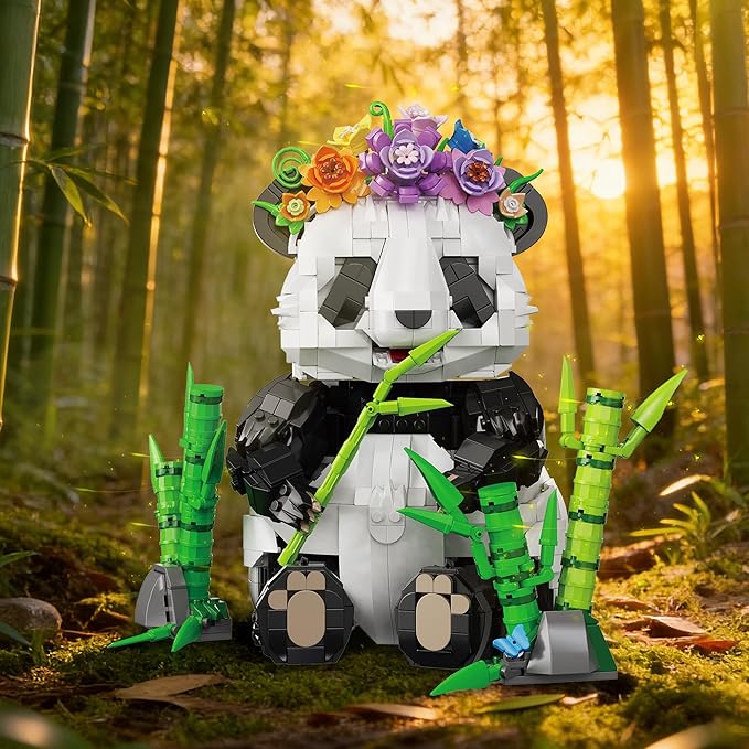 Panda Building Set with Flowers & Bamboo for Adults Compatible with Lego Wild Animals Movable Arms and Head Collectible Model Home Decor Gift for Teens Boy Girl
