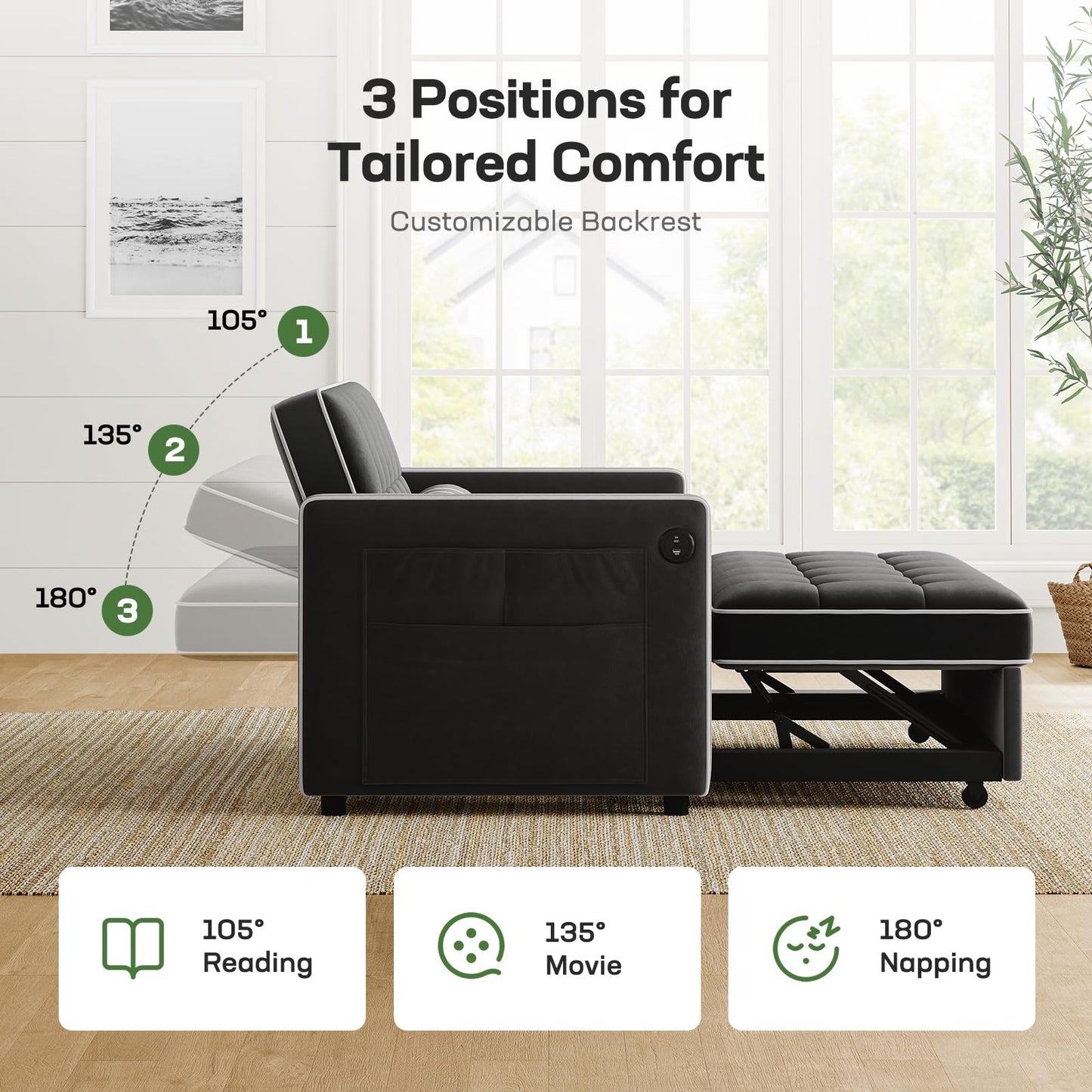 Marsail 3-in-1 Convertible Futon Sleeper Sofa Bed, Pull Out Couch with Adjustable Backrest, USB Charging & Side Pockets, Velvet Fabric Sofa for Living Room, Apartment, Loveseat, Black