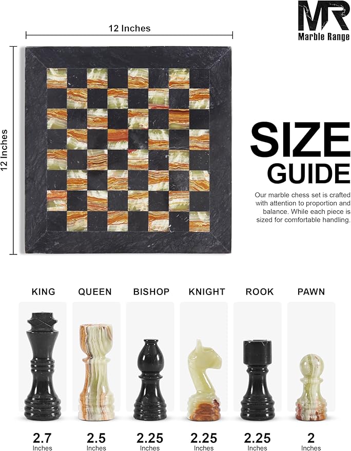 Marble Chess Set for Adults 12 Handmade Black & Green Onyx Board Game with 32 Chess Pieces 2 Extra Queens & Storage Box Luxury Travel Game Elegant for Home Decor