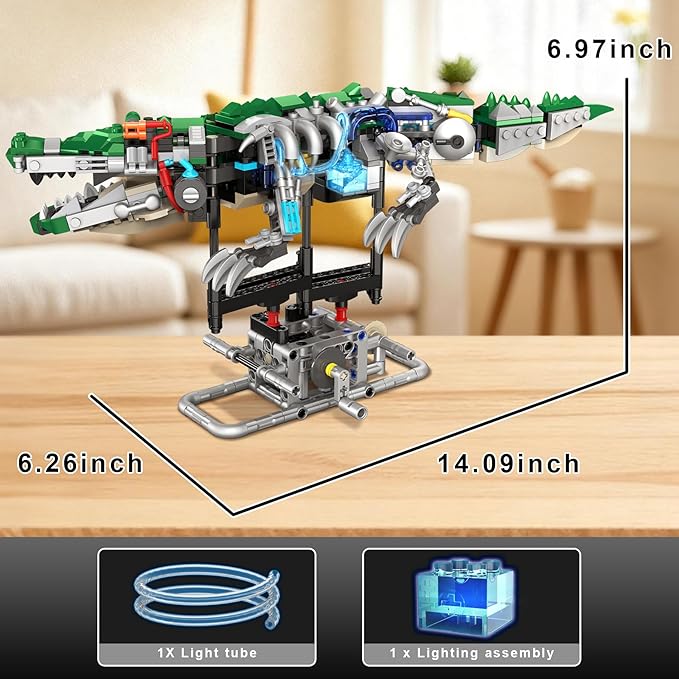 Kinetic Mechanical Crocodile Building Kit - Light-Up Interactive Animal Model with Hand-Crank Moving Jaw Claws & Tail - STEM Construction Toy for Kids & Adults