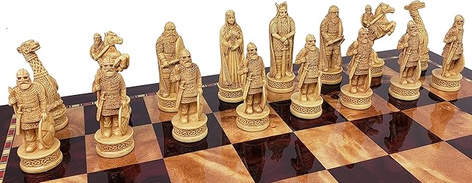 Antique Ivory & Brown Norse Viking Chess Set with 18 inch Cherry Color Board
