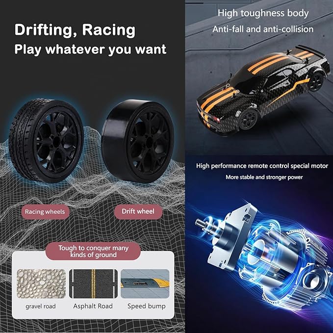 RC Drift Car 1:14 4WD 30KM/H High Speed RC Racing Car 2.4GHz Remote Control LED Lights 2 Batteries Race & Drift Tires for Adults (Blue)