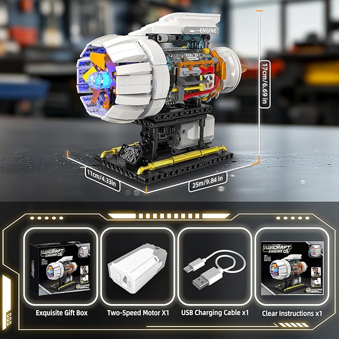 Aircraft Engine Building Kit for Adults STEM Mini Engine Model Toy with Motor & Hand Rocker Compatible with Lego Airplane Set Gift Idea for Teens Boys 8-14+ (635 PCS)