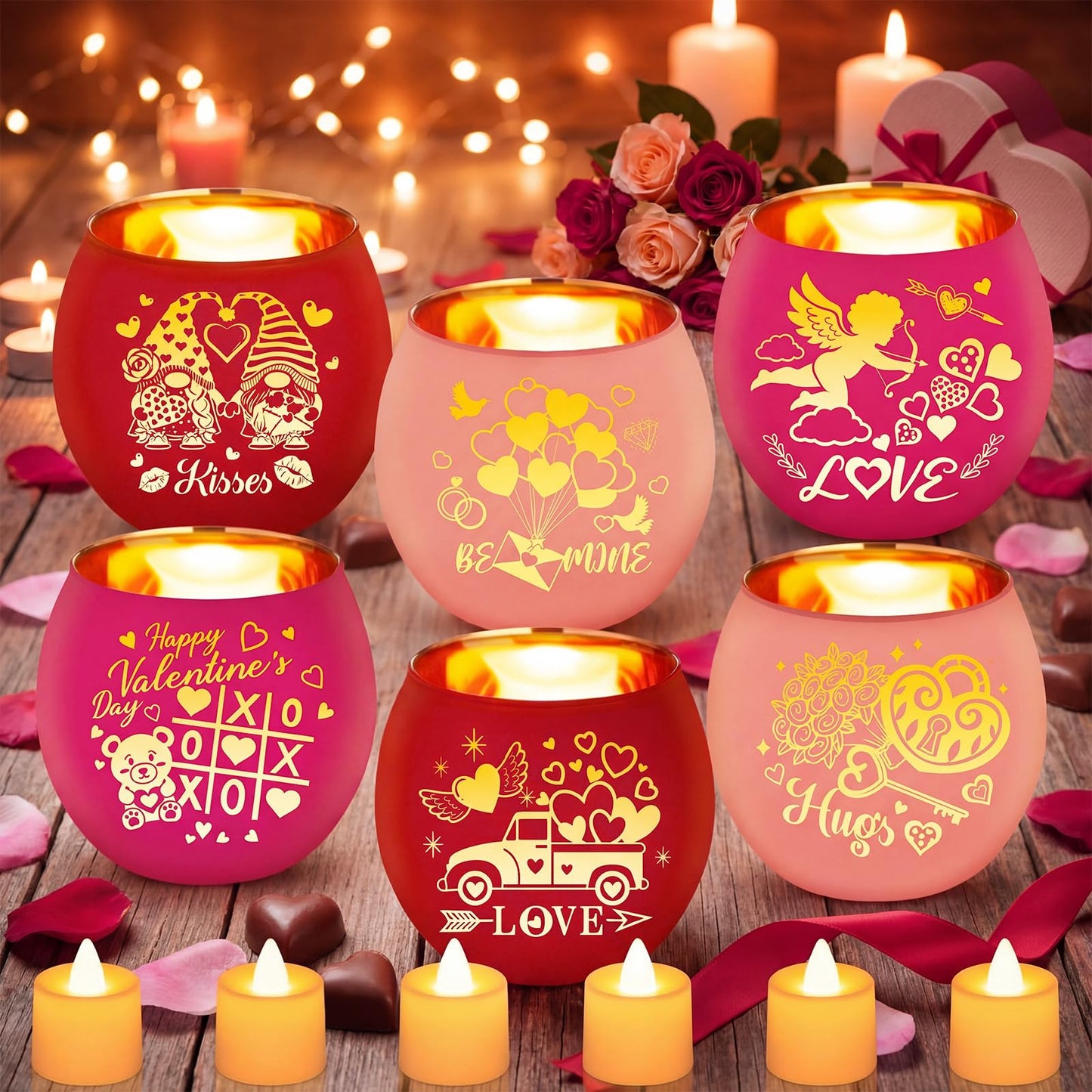 VIHOSE 6 Set Valentine's Day Tealight Candle Holders with 6 LED Battery Operated Candles Valentines Glass Tealight Holders Valentine Table Decorations for Home Table Centerpiece Decor Gifts