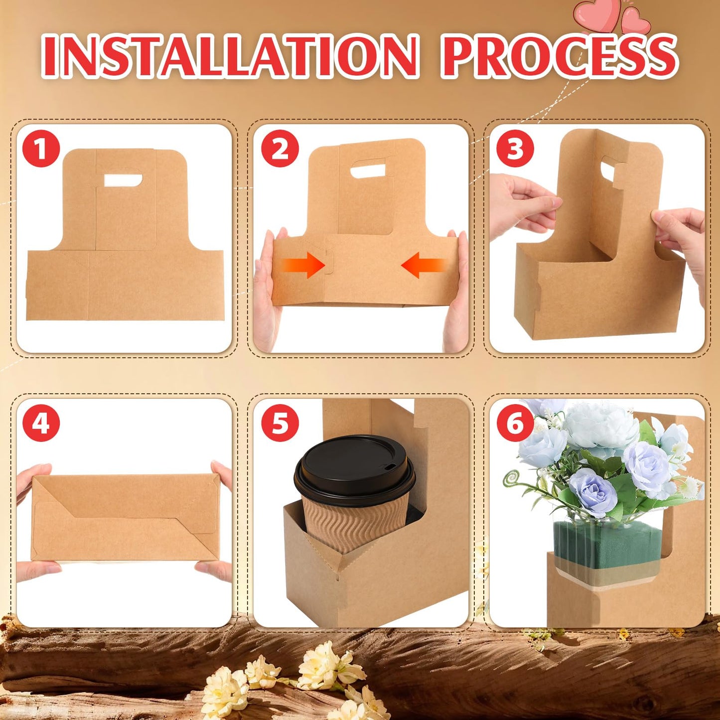 Chunful 15 Set 2 Cup Disposable Drink Carrier with Thank You Card for Graduation Teacher Gifts Flower Foam Plastic Liner Clip Cardboard Cup Holder with Handle for Hot Cold Drinks Wedding
