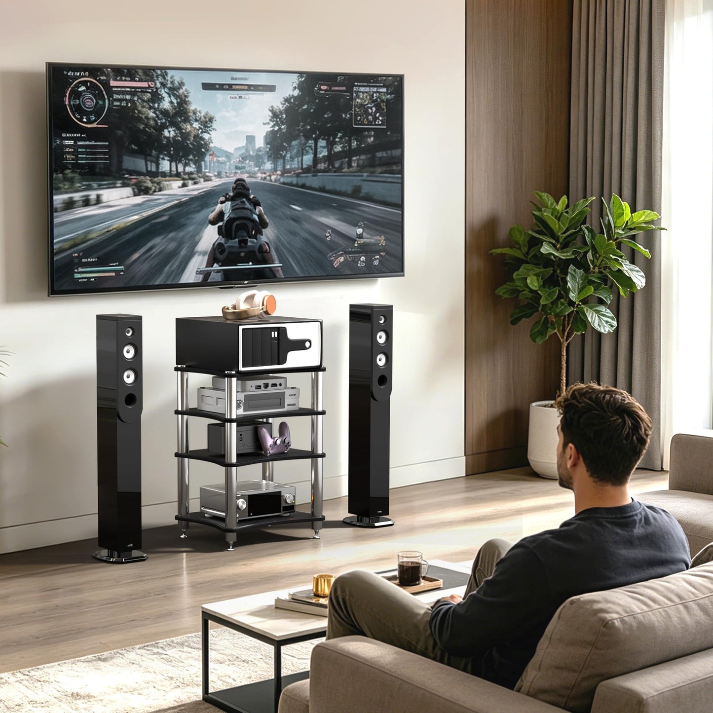 SQXLXDD 4 Tier Record Player Stand Media Cabinet, Corner Audio-Video Shelving for Entertainment, TV Stereo Stand Network Server Rack, Stereo Cabinet Media Shelf for Home Game Console DVD Player