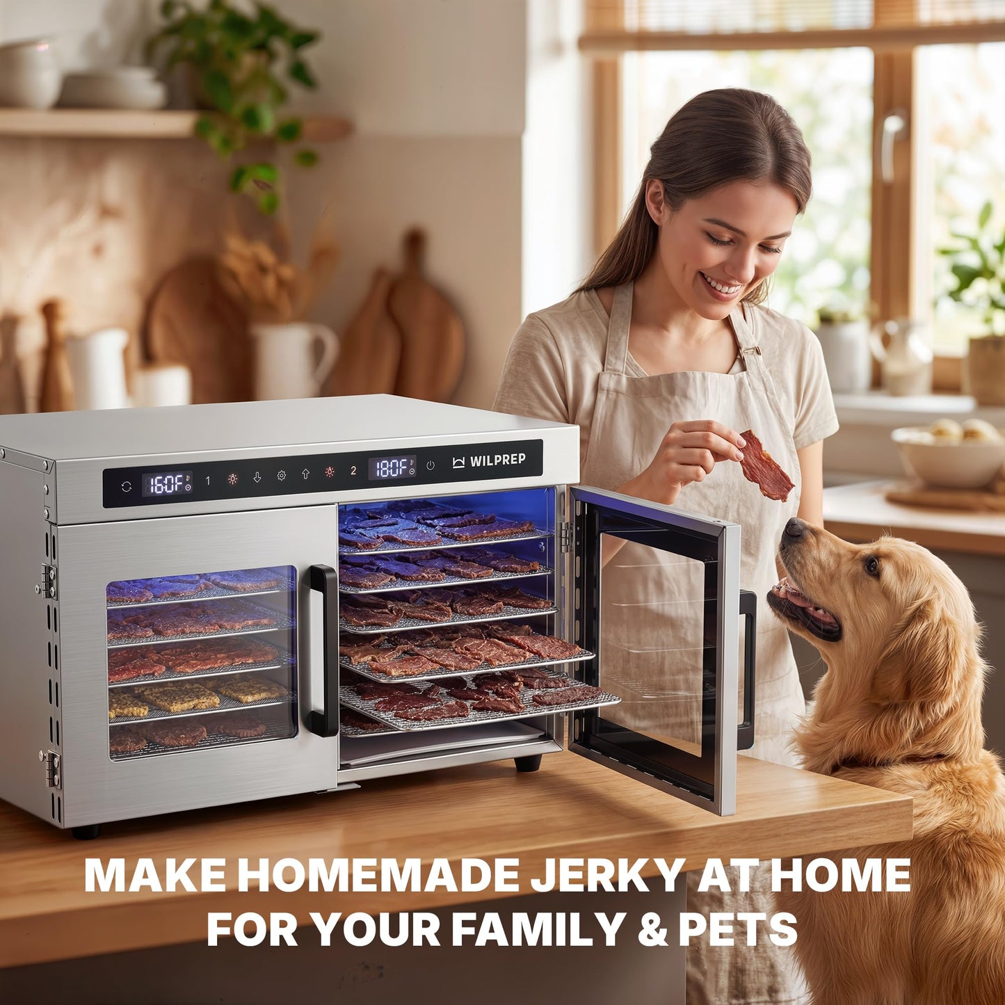 WILPREP Dual-Zone Food Dehydrator for Jerky, 12-Tray, 13 sq ft Food Dryer with Independent Control & 86–185°F Temp Range, Stainless Steel Dehydrator for Homemade Jerky Fruit Herbs Snacks