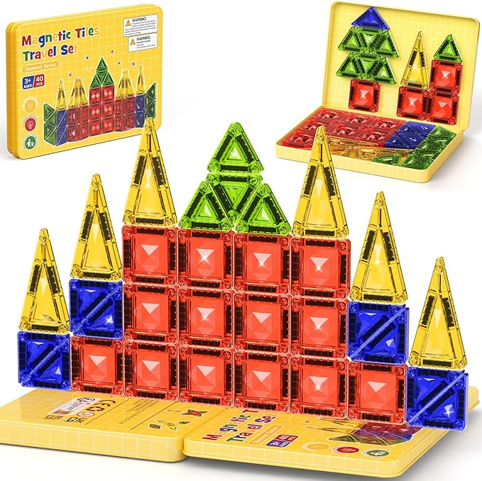Mini Magnetic Tiles Travel Set - 40PCS Diamond Texture Magnetic Building Blocks for Kids 10% Thicker & Portable Yellow Metal Storage Box Montessori STEM Educational Toys Gift for Ages 3+