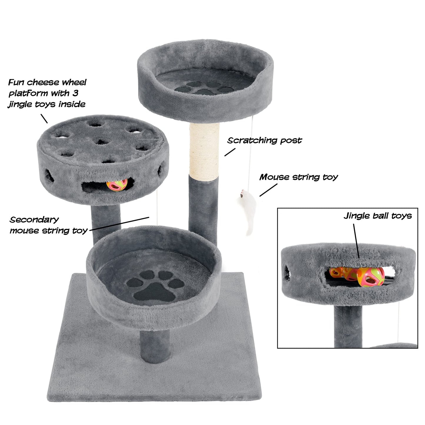 3-Tier Cat Tower with Sisal Rope Scratching Post, 2 Carpeted Napping Perches, Hanging Mouse, and Interactive Toy for Indoor Cat Use by PETMAKER (Gray)